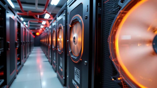 Data Center Server: A captivating view of a server room, showcasing rows of powerful servers with glowing fans. The image is bathed in a futuristic aura of technology, progress, and data management. 