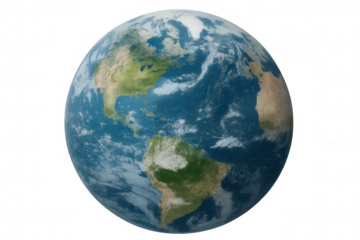 Planet earth rotating in space, showing america and parts of europe, featuring continents and oceans, transparent background