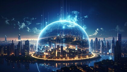 Futuristic city under protective digital dome