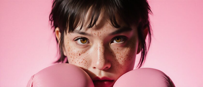 young female boxer wearing pink gloves, symbolizing strength, courage, and determination | strength, empowerment, health, sport, courage theme - Powered by Adobe