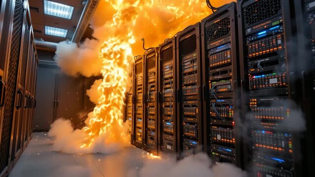 Data Center Inferno: A harrowing scene unfolds as a server room is engulfed in flames, smoke billowing amidst the rows of high-tech equipment. A stark illustration of disaster in the digital age.