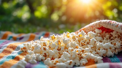 Popcorn spilling from a colorful picnic blanket outdoors.