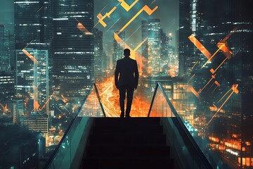 Silhouette of a solitary businessman standing on a futuristic bridge overlooking a vibrant illuminated cityscape at night