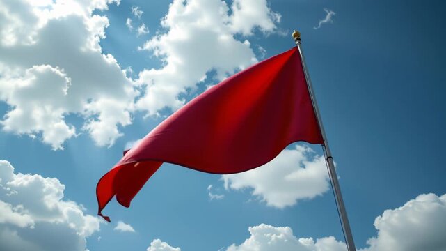 Red Flag in the Sky: A vibrant red flag billows proudly against a clear, partly cloudy sky, its bold color contrasting beautifully with the fluffy white clouds above. It represents warnings.