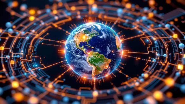Global Data Network: A stunning digital depiction of the Earth enveloped in an intricate network of data connections, signifying the interconnectedness of the modern world.