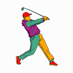 Fototapeta premium A colorful illustration captures a golfer mid-swing, poised to strike the ball with a golf club on a bright, isolated background.