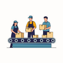 A team of factory workers efficiently manages the packaging and distribution process of goods along a conveyor belt in a warehouse setting.