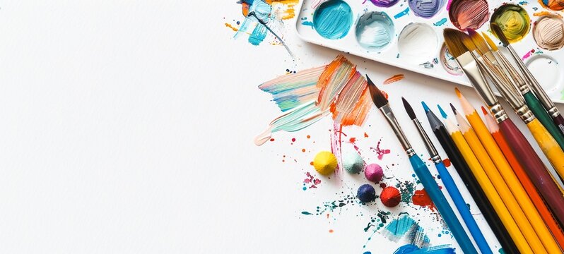 Assortment of vibrant art supplies and tools including paint brushes color palette pencils markers and other creative materials on a white background  Concept of creativity hobby education