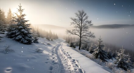 Snowy Mountain Trail with Bare Tree and Winter Sunlight in the M