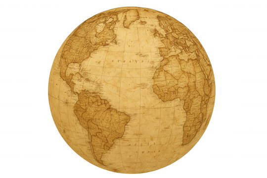 Vintage world globe showing continents, displaying old map texture with ancient cartography details on transparent background - Powered by Adobe
