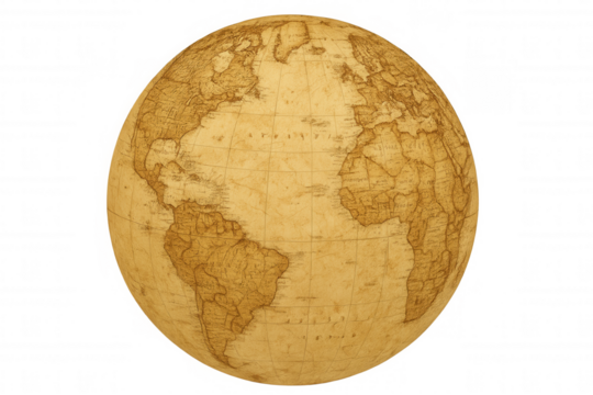 Vintage world globe showing continents, displaying old map texture with ancient cartography details on transparent background
