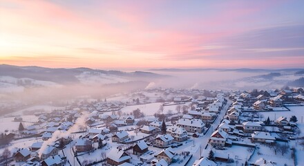 Fototapeta premium Aerial View of a Snowy Village at Sunrise with Pink Hues and Fog