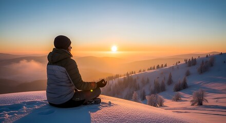 Meditative Figure Silhouetted Against a Winter Sunrise in the Mo