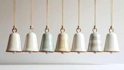 Obraz premium Seven Decorative Ceramic Bells Hanging with Ropes in a Row Against a Neutral Background with Soft Lighting Close Up Still Life