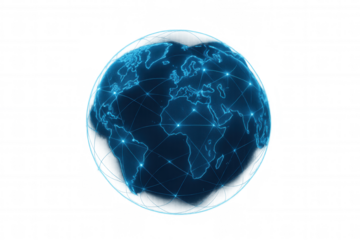 Global network connecting continents, digital communication data transfer across futuristic planet earth, transparent background