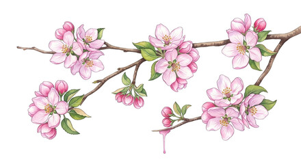 blooming apple tree branch with delicate pink and white flowers isolated on a white background.
