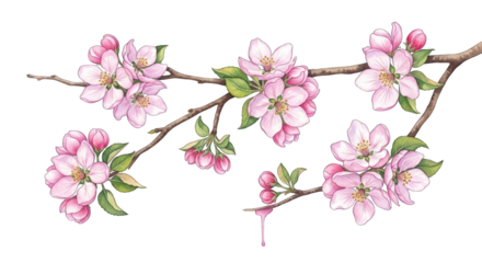blooming apple tree branch with delicate pink and white flowers isolated on a white background.