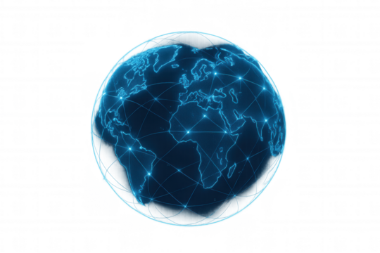 Global network connecting continents, digital communication data transfer across futuristic planet earth, transparent background