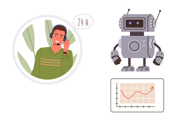 Man with headset speaking, robot assistant depicted beside chart showing upward trend. Ideal for technology, AI, automation, teamwork, customer service, data analysis, future solutions as simple flat