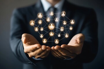Businessman holding a glowing network of interconnected people symbolizing global connections and teamwork in a digital world