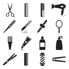 minimalist hairdresser icons grid scissors comb straightener curlingiron barberpole vector