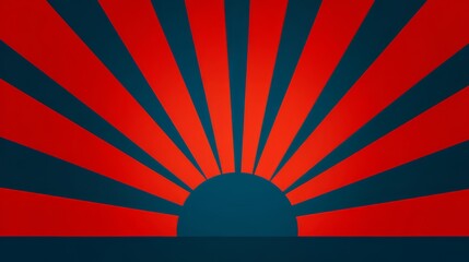 Red and blue striped background with a sun in the middle. The sun is surrounded by red and blue lines