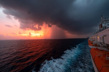 Ship is sailing in the ocean with a beautiful sunset in the background. The sky is cloudy and the sun is setting