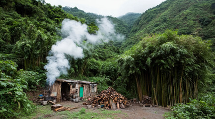 Small house with smoke coming out of it. The house is surrounded by trees and bushes
