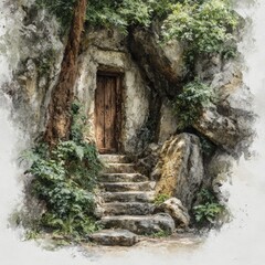 Small door is in a cave with a stone staircase leading up to it. The door is wooden