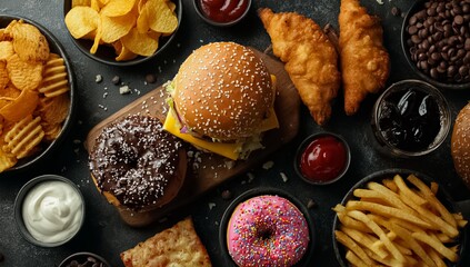 Table full of food including a hamburger, fries, donuts, and chips. The table is covered in condiments