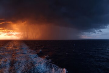 The ocean is dark and stormy with a rainbow in the sky. The water is choppy and the sky is filled with clouds