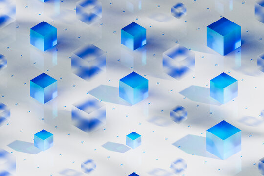 Floating Blue and Clear Cubes with Shadows