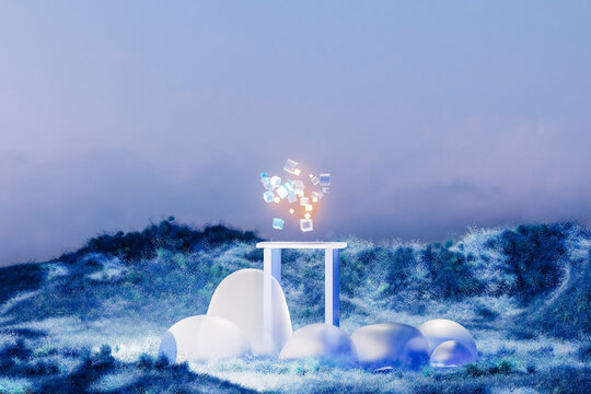3D render of glowing cubes floating in frosty terrain at sunset