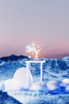 3D render of illuminated cubes hovering in blue frosted hills