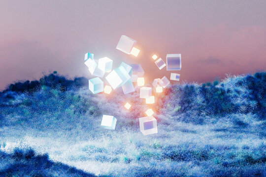 Floating Glass Cubes Over Frosty Landscape at Sunset