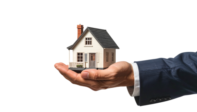 ビジネスマンの手に乗る家のミニチュアが示す不動産投資と住宅ビジネスの象徴