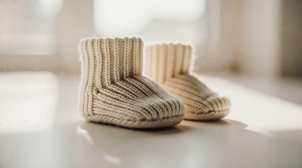 soft beige knitted baby booties resting on a white surface, cozy winter footwear | baby, clothing, winter, newborn, fashion theme