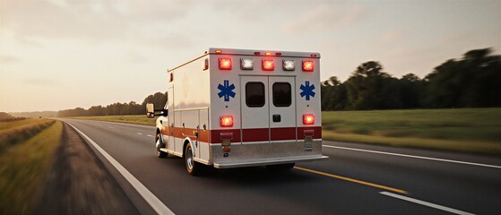 urgent ambulance speeding along a rural road at sunset, providing critical medical transport | healthcare, emergency, travel, rescue, transportation theme