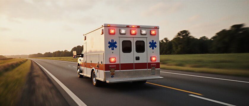 urgent ambulance speeding along a rural road at sunset, providing critical medical transport | healthcare, emergency, travel, rescue, transportation theme