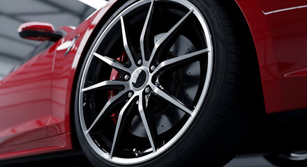 Close up of red sports car wheel and tire with silver and black rims.