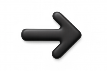 Black 3d arrow pointer indicating direction, forward movement, and next step on a transparent background