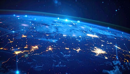 Dramatic Aerial View of Earth at Night with Glowing City Lights in Blue and Black Space Background
