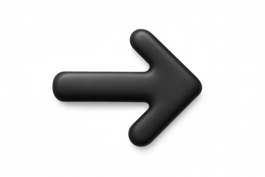 Black 3d arrow pointer indicating direction, forward movement, and next step on a transparent background