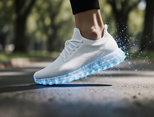 innovative athletic footwear design featuring glowing digital interface and futuristic style | sport, technology, innovation, fashion, fitness theme