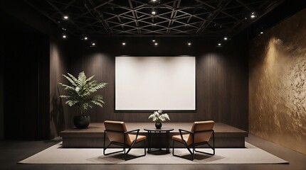 modern talk show set with blank screen, leather chairs and plants against textured wall | entertainment, broadcasting, design, architecture, modern theme