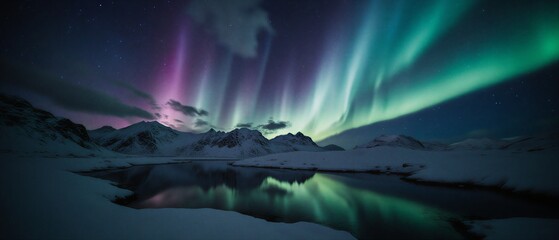 stunning blue aurora borealis over snowy mountain range at night | travel, astronomy, scenery, wilderness, relaxation theme