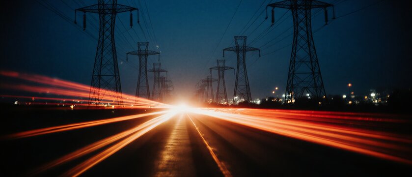 dynamic blur of electrical infrastructure at night with red light trails | technology, infrastructure, cityscape, energy, motion theme