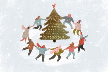 Circle Dance Around Christmas Tree Illustration