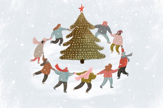 Circle Dance Around Christmas Tree Illustration