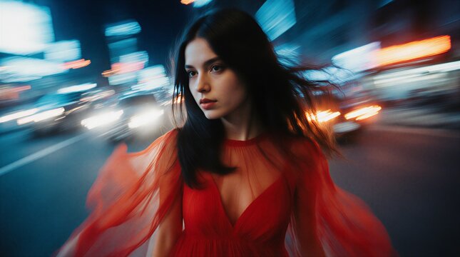 stylish woman in red dress with blurred city lights and soft bokeh background | fashion, lifestyle, beauty, portrait, editorial theme